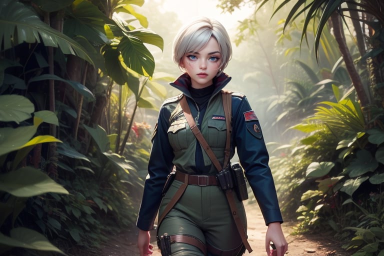  masterpiece,best quality, highly detailed, weiss schnee,1girl,solo,scar across eye,  cowboy shot, wearing khaki military uniform, walking with fellow officer in tropical rainforest, lush vegitation, other military officers with weapons (volumetric lighting), intricate details, tonemapping, sharp focus, hyper detailed poakl, 