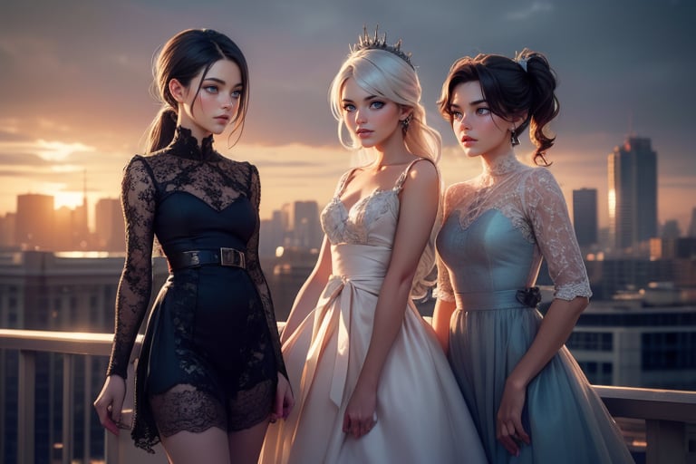 masterpiece,best quality, highly detailed, weiss schnee, scar across eye, long white hair, side ponytail, cowboy shot, (she is standing on penthouse roof (with 2 dark haired women)), wearing beautiful dresses, talking, (volumetric lighting), intricate details, tonemapping, sharp focus, hyper detailed poakl,