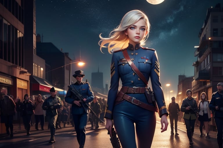  masterpiece,best quality, highly detailed, weiss schnee,1girl,solo,scar across eye,  cowboy shot, wearing military uniform, walking with fellow officer in cityscape, night, stars, moon, other military officers with weapons (volumetric lighting), intricate details, tonemapping, sharp focus, hyper detailed poakl, 