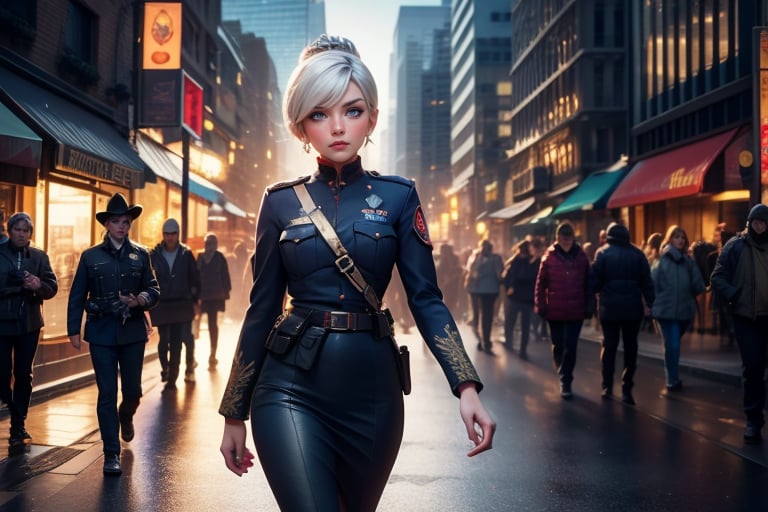  masterpiece,best quality, highly detailed, weiss schnee,1girl,solo,scar across eye,  cowboy shot, wearing military uniform, walking with fellow officer in cityscape, (volumetric lighting), intricate details, tonemapping, sharp focus, hyper detailed poakl, 