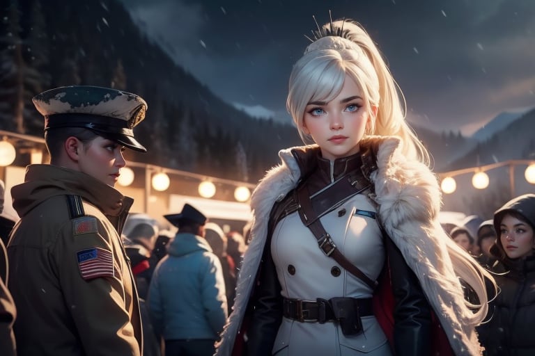 masterpiece,best quality, highly detailed, weiss schnee, scar across eye, long white hair, side ponytail, cowboy shot, she is wearing a white military uniform, standing with female military officer on snow covered mountain slope, near ski lodge, other military officers are present, crowd, (volumetric lighting), intricate details, tonemapping, sharp focus, hyper detailed poakl,