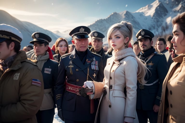 masterpiece,best quality, highly detailed, weiss schnee, scar across eye, long white hair, side ponytail, cowboy shot, she is wearing a white coat over military uniform, standing with black haired female officer on snow covered mountain slope, near ski lodge, other military officers are present, crowd, (volumetric lighting), intricate details, tonemapping, sharp focus, hyper detailed poakl,