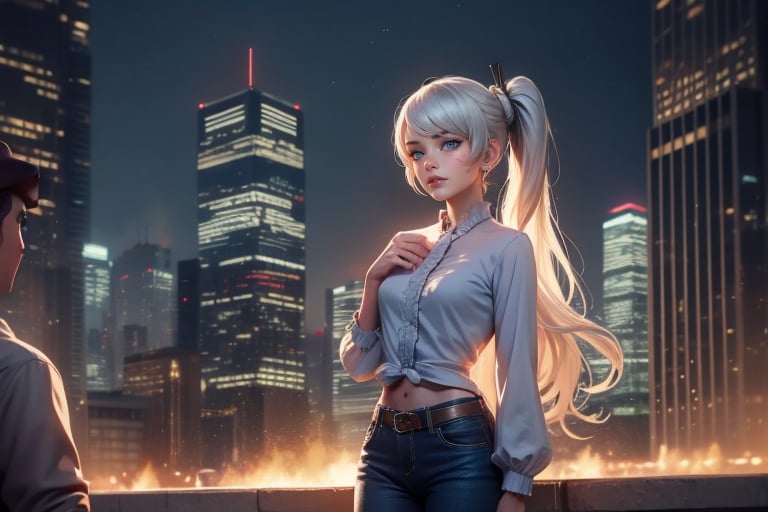 masterpiece,best quality, highly detailed, weiss schnee, scar across eye, long white hair, side ponytail, cowboy shot,  she is standing with 1 man and 1 woman, wearing casual clothes, talking, cityscape, crowd, (volumetric lighting), intricate details, tonemapping, sharp focus, hyper detailed poakl,