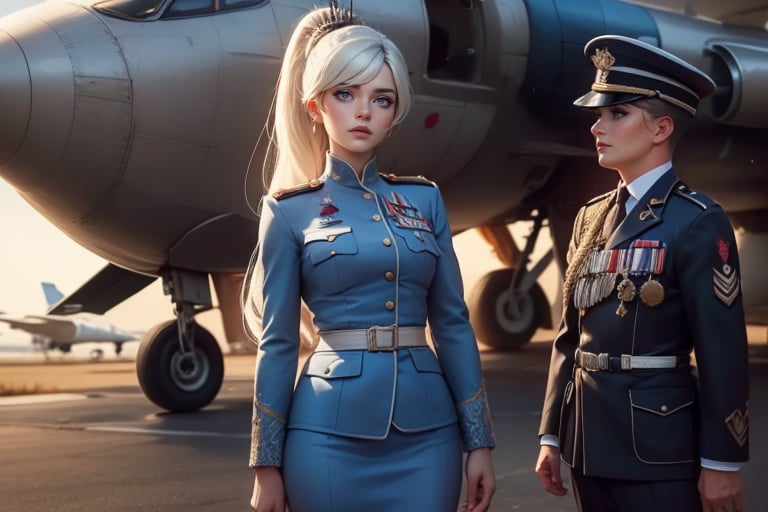 masterpiece,best quality, highly detailed, weiss schnee, scar across eye, long white hair, side ponytail, cowboy shot, she is wearing a military uniform, standing with female military officer in front of private jet,  other military officers are present (volumetric lighting), intricate details, tonemapping, sharp focus, hyper detailed poakl,