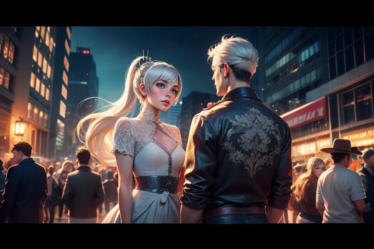 masterpiece,best quality, highly detailed, weiss schnee, scar across eye, long white hair, side ponytail, cowboy shot,  she is standing with 1 man and 1 woman, wearing casual clothes, talking, cityscape, crowd, (volumetric lighting), intricate details, tonemapping, sharp focus, hyper detailed poakl,