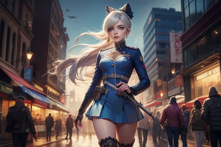  masterpiece,best quality, highly detailed, weiss schnee,1girl,solo,scar across eye,  cowboy shot, wearing military uniform, walking  in cityscape, crowd, (volumetric lighting), intricate details, tonemapping, sharp focus, hyper detailed poakl, 