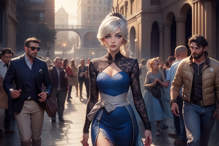  masterpiece,best quality, highly detailed, cowboy shot, weiss schnee,1girl,solo,scar across eye, walking with male guest in immense courtyard, near  fountain, crowd, (volumetric lighting), intricate details, tonemapping, sharp focus, hyper detailed poakl, 