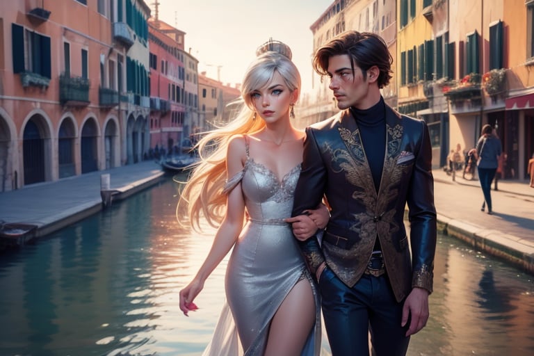  masterpiece,best quality, highly detailed, weiss schnee,1girl,solo,scar across eye,  cowboy shot, walking with female companion in venice, italy, canal, crowd, (volumetric lighting), intricate details, tonemapping, sharp focus, hyper detailed poakl, 