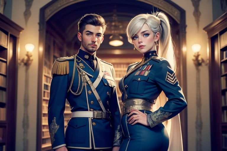 masterpiece,best quality, highly detailed, weiss schnee, scar across eye, long white hair, side ponytail, cowboy shot, looking at viewer, ((she is wearing a military uniform, standing next to fellow officer)), standing in ornate library, crowd, (volumetric lighting), intricate details, tonemapping, sharp focus, hyper detailed poakl,