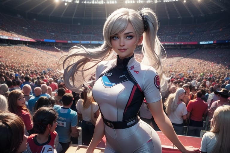 masterpiece,best quality, highly detailed, weiss schnee, looking at viewer, scar across eye, long white hair, side ponytail, smile, cowboy shot, (she is standing inside sport stadium (standing with 3 women)), crowd, (volumetric lighting), intricate details, tonemapping, sharp focus, hyper detailed poakl,