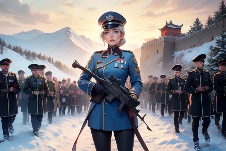 masterpiece,best quality, highly detailed, weiss schnee, scar across eye, long white hair, side ponytail, cowboy shot, she is armed and  wearing a military uniform, next to female officer who has short black hair, standing on snow covered great wall of china, other military officers are present, crowd, (volumetric lighting), intricate details, tonemapping, sharp focus, hyper detailed poakl,