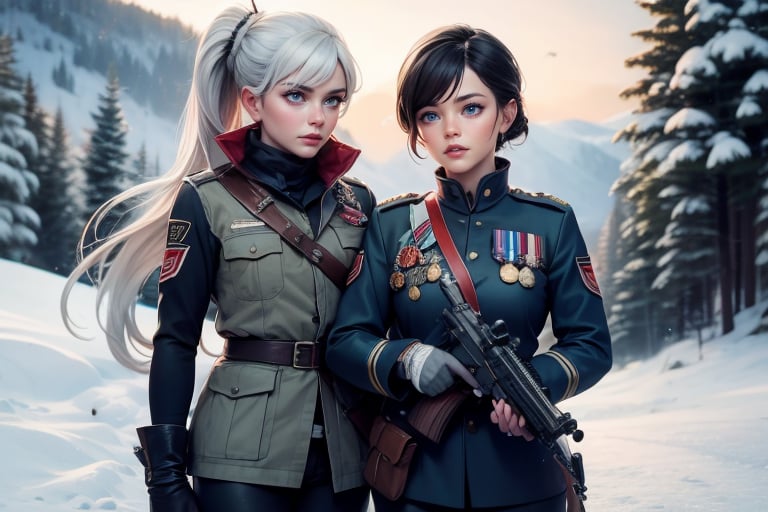 masterpiece,best quality, highly detailed, weiss schnee, scar across eye, long white hair, side ponytail, cowboy shot, she is armed and  wearing a military uniform, standing with black haired female officer on snow covered mountain slope, near ski lodge, other military officers are present, crowd, (volumetric lighting), intricate details, tonemapping, sharp focus, hyper detailed poakl,