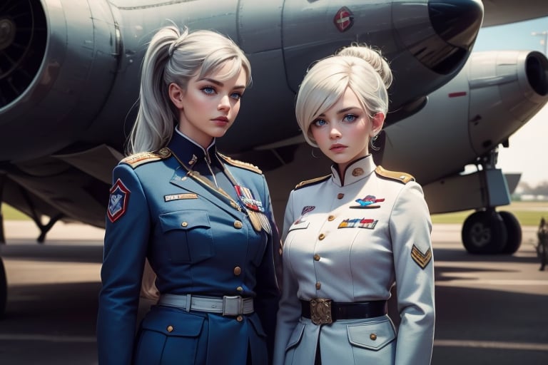 masterpiece,best quality, highly detailed, weiss schnee, scar across eye, long white hair, side ponytail, cowboy shot, she is wearing a military uniform, standing with female military officer in front of private jet,  other military officers are present (volumetric lighting), intricate details, tonemapping, sharp focus, hyper detailed poakl,