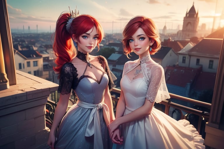 masterpiece,best quality, highly detailed, weiss schnee, scar across eye, long white hair, side ponytail, cowboy shot, (she is standing on penthouse roof (with 1 red haired woman)), wearing beautiful dresses, smile, (volumetric lighting), intricate details, tonemapping, sharp focus, hyper detailed poakl,