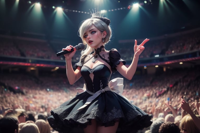  masterpiece,best quality, highly detailed, weiss schnee,1girl,solo,scar across eye,  cowboy shot, performing in huge concert hall, on stage, in (beautiful black dress with silver highlights), microphone, audience,  (volumetric lighting), intricate details, tonemapping, sharp focus, hyper detailed poakl, 