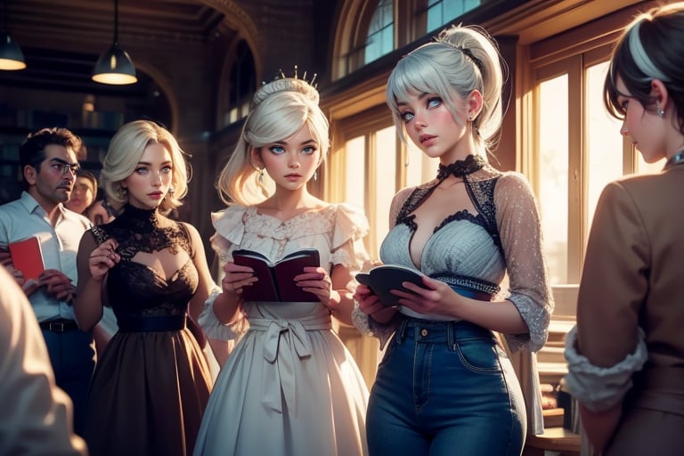 masterpiece,best quality, highly detailed, weiss schnee, scar across eye, long white hair, side ponytail, cowboy shot,  she is standing with 2 women, wearing casual clothes, talking, standing in library, crowd, (volumetric lighting), intricate details, tonemapping, sharp focus, hyper detailed poakl,