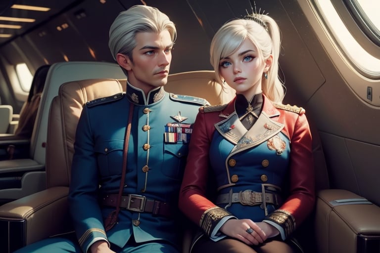 masterpiece,best quality, highly detailed, weiss schnee, scar across eye, long white hair, side ponytail, cowboy shot, she is wearing a military uniform, sitting with military officer in private jet,  other military officers are present (volumetric lighting), intricate details, tonemapping, sharp focus, hyper detailed poakl,