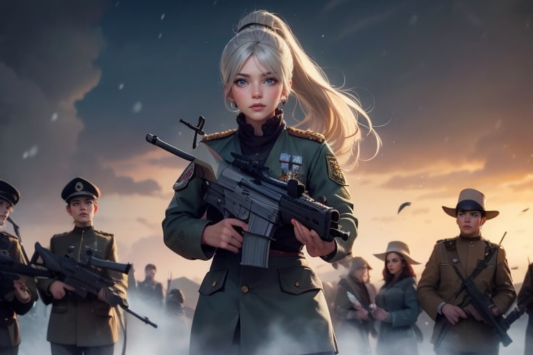 masterpiece,best quality, highly detailed, weiss schnee, scar across eye, long white hair, side ponytail, cowboy shot, she is armed and  wearing a military uniform, standing with black haired female officer on snow covered great wall of china, other military officers are present, crowd, (volumetric lighting), intricate details, tonemapping, sharp focus, hyper detailed poakl,