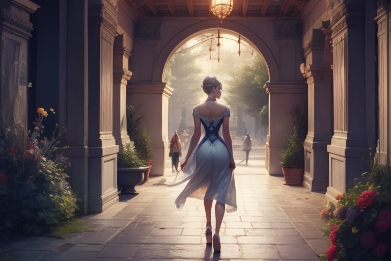  masterpiece,best quality, highly detailed, cowboy shot, weiss schnee,1girl,solo,scar across eye, walking with male guest in immense courtyard, near  fountain, crowd, (volumetric lighting), intricate details, tonemapping, sharp focus, hyper detailed poakl, 