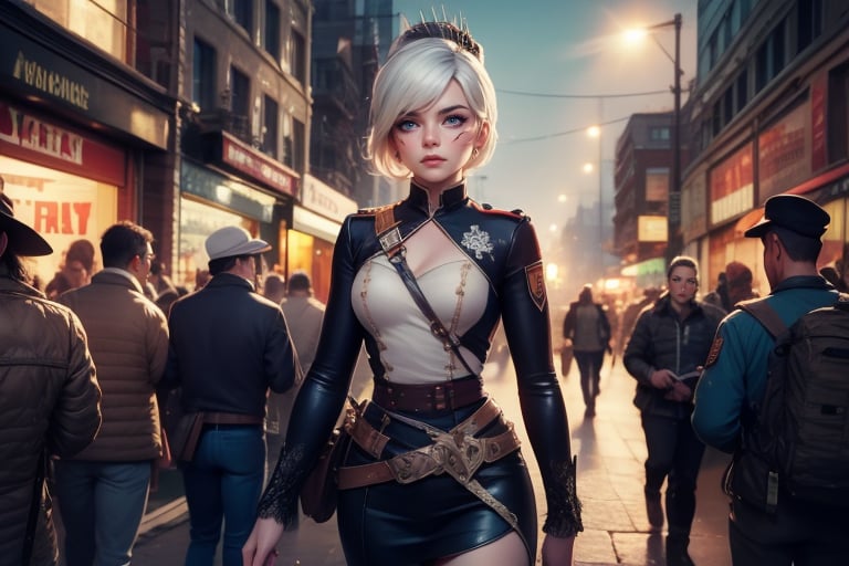  masterpiece,best quality, highly detailed, weiss schnee,1girl,solo,scar across eye,  cowboy shot, wearing military uniform, walking  in cityscape, crowd, (volumetric lighting), intricate details, tonemapping, sharp focus, hyper detailed poakl, 