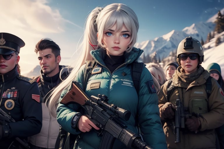 masterpiece,best quality, highly detailed, weiss schnee, scar across eye, long white hair, side ponytail, cowboy shot, she is armed and  wearing a military uniform, standing with black haired female officer on snow covered mountain slope, near ski lodge, other military officers are present, crowd, (volumetric lighting), intricate details, tonemapping, sharp focus, hyper detailed poakl,