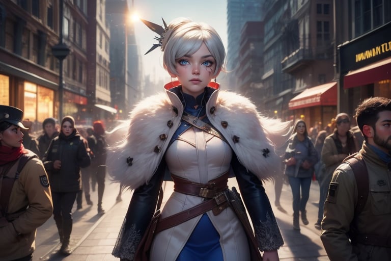  masterpiece,best quality, highly detailed, weiss schnee,1girl,solo,scar across eye,  cowboy shot, wearing military uniform, walking  in cityscape, crowd, (volumetric lighting), intricate details, tonemapping, sharp focus, hyper detailed poakl, 