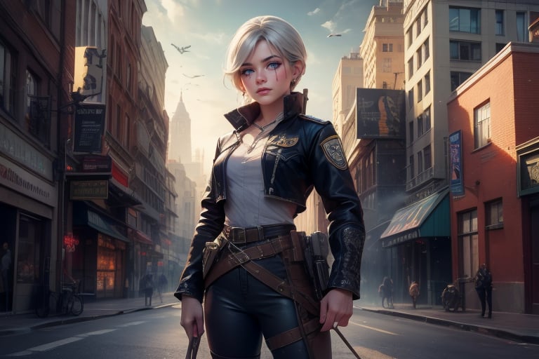  masterpiece,best quality, highly detailed, weiss schnee,1girl,solo,scar across eye,  cowboy shot, wearing military uniform, standing with fellow officer in cityscape, (volumetric lighting), intricate details, tonemapping, sharp focus, hyper detailed poakl, 