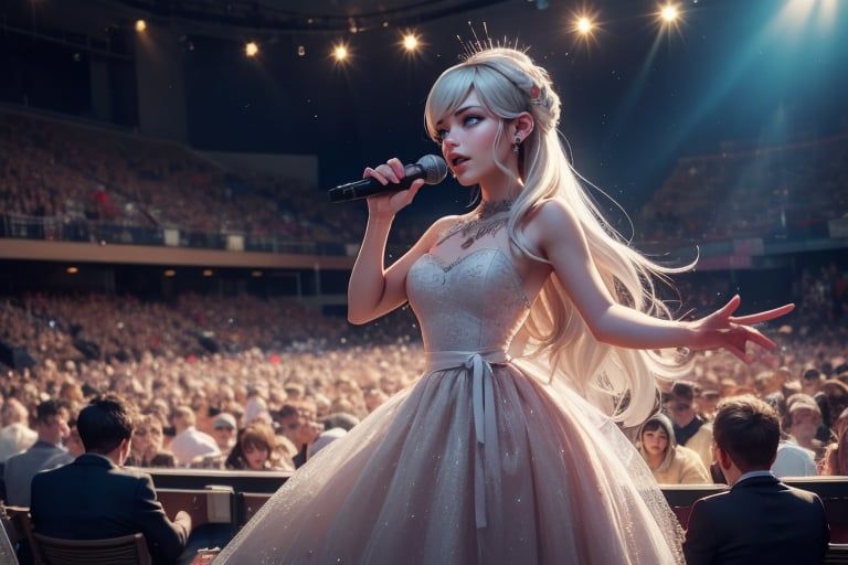  masterpiece,best quality, highly detailed, weiss schnee,1girl,solo,scar across eye,  cowboy shot, performing in huge concert hall, on stage, in beautiful evening dress, microphone, full audience,  (volumetric lighting), intricate details, tonemapping, sharp focus, hyper detailed poakl, 