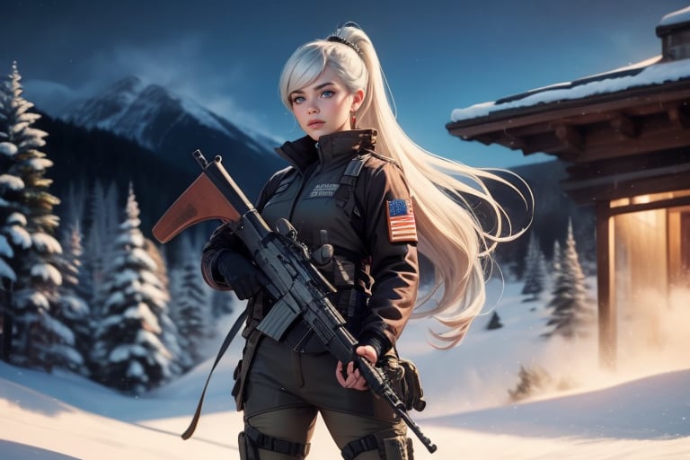 masterpiece,best quality, highly detailed, weiss schnee, scar across eye, long white hair, side ponytail, cowboy shot, she is armed and  wearing a military uniform, standing with black haired female officer on snow covered mountain slope, near ski lodge, other military officers are present, crowd, (volumetric lighting), intricate details, tonemapping, sharp focus, hyper detailed poakl,