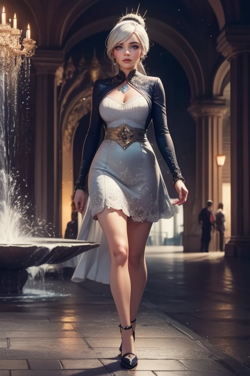  masterpiece,best quality, highly detailed, weiss schnee,1girl,solo,scar across eye, walking with male guest in immense courtyard, near  fountain, crowd, (volumetric lighting), intricate details, tonemapping, sharp focus, hyper detailed poakl, 