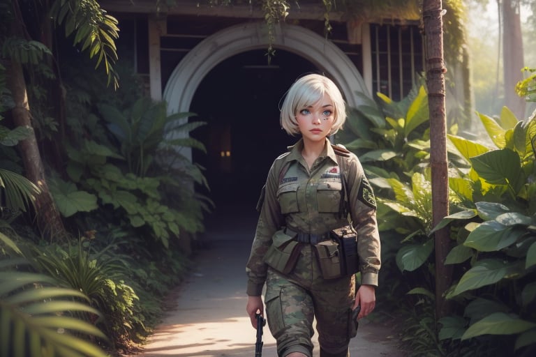  masterpiece,best quality, highly detailed, weiss schnee,1girl,solo,scar across eye,  cowboy shot, wearing khaki military uniform, walking with fellow officer in tropical rainforest, lush vegitation, disused building,  other military officers with weapons (volumetric lighting), intricate details, tonemapping, sharp focus, hyper detailed poakl, 