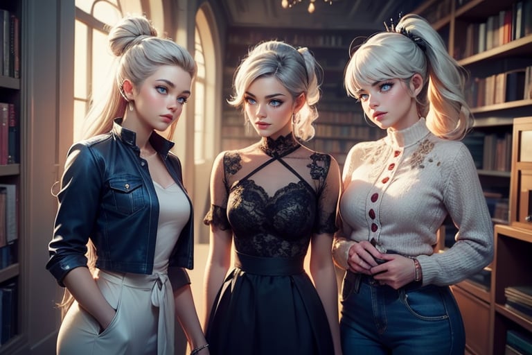 masterpiece,best quality, highly detailed, weiss schnee, scar across eye, long white hair, side ponytail, cowboy shot,  she is standing with 2 women, wearing casual clothes, talking, standing in library, crowd, (volumetric lighting), intricate details, tonemapping, sharp focus, hyper detailed poakl,