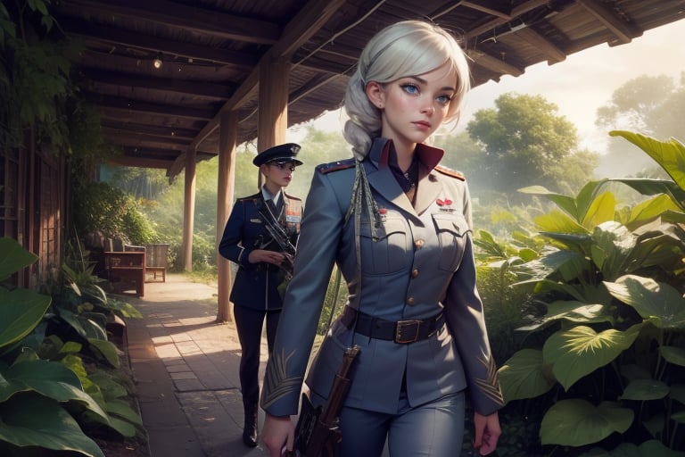  masterpiece,best quality, highly detailed, weiss schnee, scar across eye,  cowboy shot, she is wearing a military uniform, walking in tropical rainforest, lush vegitation, disused building,  other military officers are present with weapons (volumetric lighting), intricate details, tonemapping, sharp focus, hyper detailed poakl, 