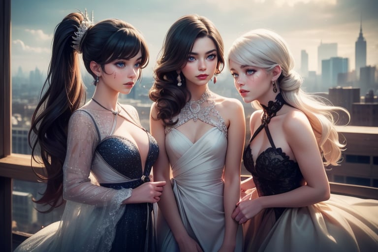 masterpiece,best quality, highly detailed, weiss schnee, scar across eye, long white hair, side ponytail, cowboy shot, (she is standing on penthouse roof (with 2 dark haired women)), wearing beautiful dresses, talking, (volumetric lighting), intricate details, tonemapping, sharp focus, hyper detailed poakl,