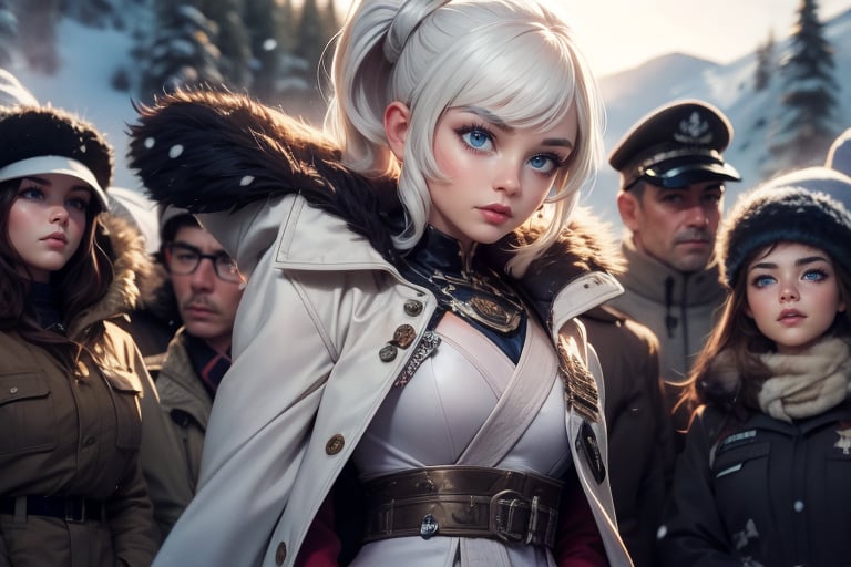 masterpiece,best quality, highly detailed, weiss schnee, scar across eye, long white hair, side ponytail, cowboy shot, she is wearing a white coat over military uniform, next to black haired female military officer on snow covered mountain slope, near ski lodge, other military officers are present, crowd, (volumetric lighting), intricate details, tonemapping, sharp focus, hyper detailed poakl,