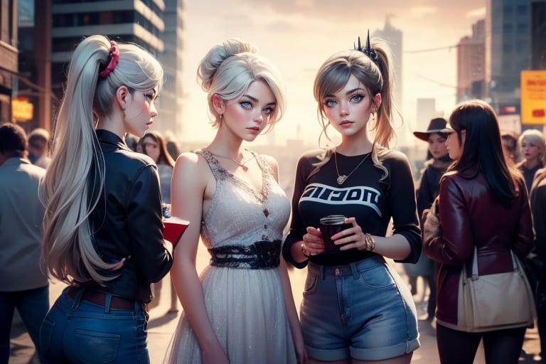 masterpiece,best quality, highly detailed, weiss schnee, scar across eye, long white hair, side ponytail, cowboy shot, looking at viewer, she is standing with 2 females, wearing casual clothes, talking, cityscape, crowd, (volumetric lighting), intricate details, tonemapping, sharp focus, hyper detailed poakl,