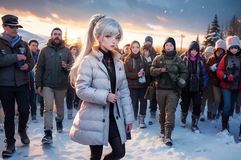 masterpiece,best quality, highly detailed, weiss schnee, scar across eye, long white hair, side ponytail, cowboy shot, she is wearing a white coat over military uniform, walking with black haired female officer on snow covered mountain slope, near ski lodge, other military officers are present, crowd, (volumetric lighting), intricate details, tonemapping, sharp focus, hyper detailed poakl,