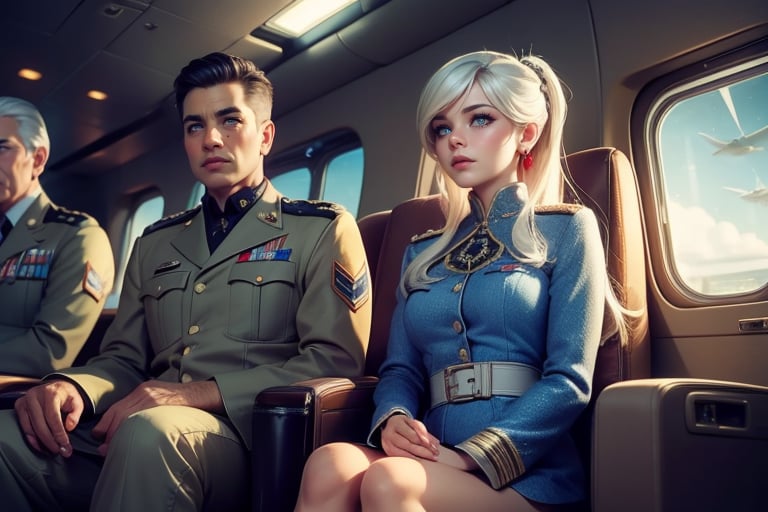 masterpiece,best quality, highly detailed, weiss schnee, scar across eye, long white hair, side ponytail, cowboy shot, she is wearing a military uniform, sitting with military officer in private jet,  other military officers are present (volumetric lighting), intricate details, tonemapping, sharp focus, hyper detailed poakl,