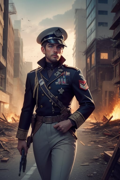  masterpiece,best quality, highly detailed, weiss schnee, scar across eye, wearing military uniform, (cowboy shot), looking at viewer, walking  in post apocalypse city, future urban, buildings in ruins, debris, bonfire, crowd, military officers on patrol, (volumetric lighting), intricate details, tonemapping, sharp focus, hyper detailed poakl, 