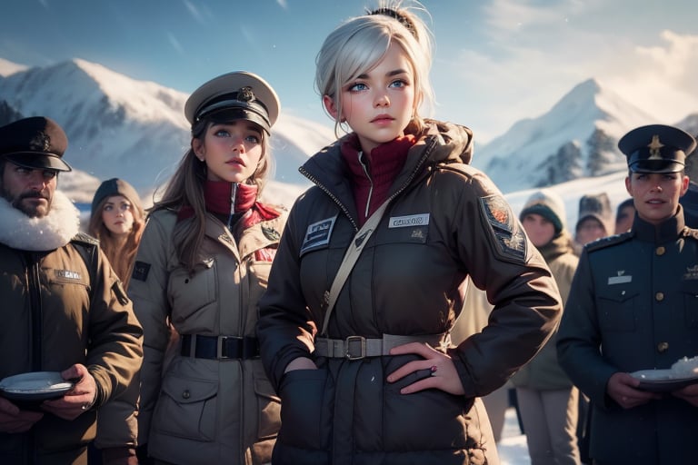 masterpiece,best quality, highly detailed, weiss schnee, scar across eye, long white hair, side ponytail, cowboy shot, she is wearing a white military uniform, standing with female military officer on snow covered mountain slope, near ski lodge, other military officers are present, crowd, (volumetric lighting), intricate details, tonemapping, sharp focus, hyper detailed poakl,