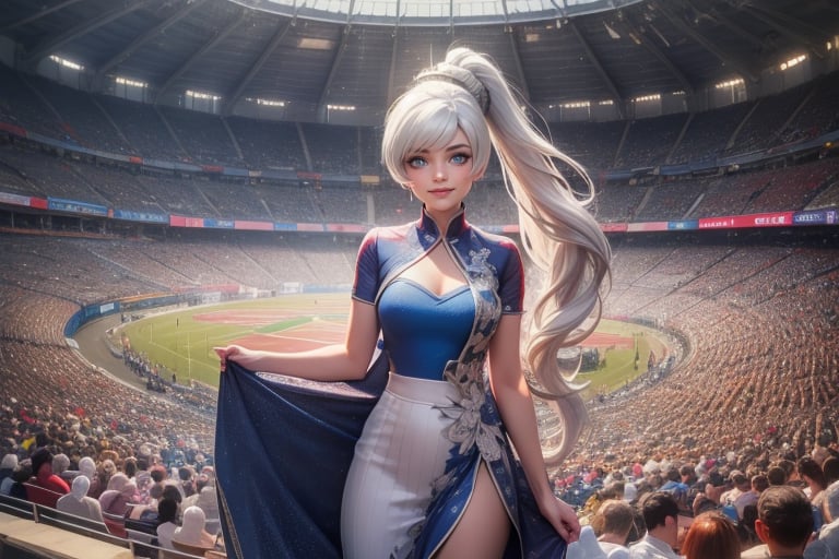 masterpiece,best quality, highly detailed, weiss schnee, looking at viewer, scar across eye, long white hair, side ponytail, smile, cowboy shot, (she is standing inside sport stadium (standing with 3 women)), crowd, (volumetric lighting), intricate details, tonemapping, sharp focus, hyper detailed poakl,