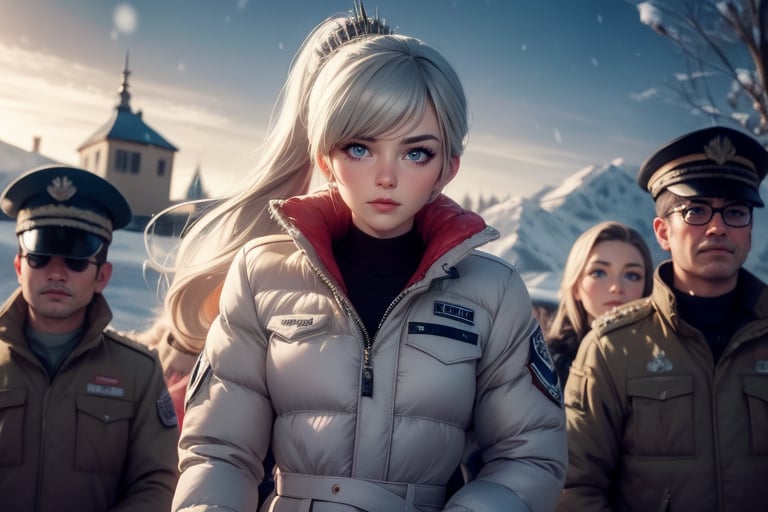 masterpiece,best quality, highly detailed, weiss schnee, scar across eye, long white hair, side ponytail, cowboy shot, she is wearing a white coat over military uniform, next to black haired female military officer on snow covered mountain slope, near ski lodge, other military officers are present, crowd, (volumetric lighting), intricate details, tonemapping, sharp focus, hyper detailed poakl,