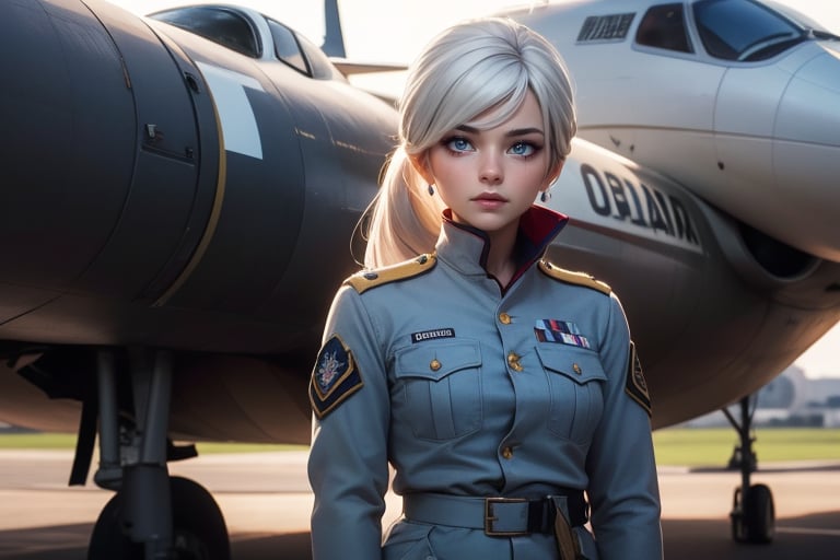 masterpiece,best quality, highly detailed, weiss schnee, scar across eye, long white hair, side ponytail, cowboy shot, she is wearing a military uniform, standing with female military officer in front of private jet,  other military officers are present (volumetric lighting), intricate details, tonemapping, sharp focus, hyper detailed poakl,