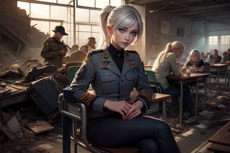 masterpiece,best quality, highly detailed, weiss schnee, scar across eye, long white hair, side ponytail, cowboy shot, ((she is wearing a military uniform, sitting next to female officer)), sitting on chairs, looking at lecturer in collapsed school building, classroom, desks, bonfire, rubble, other officers present, crowd, post-apocalypse, dystopian future, (volumetric lighting), intricate details, tonemapping, sharp focus, hyper detailed poakl,