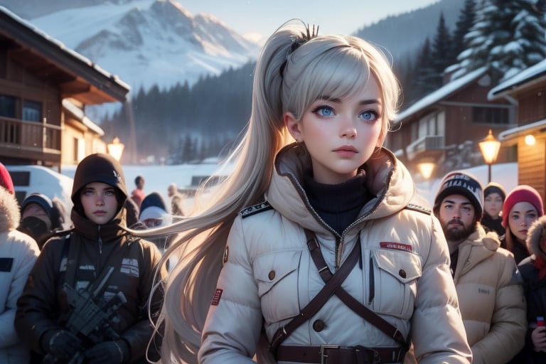 masterpiece,best quality, highly detailed, weiss schnee, scar across eye, long white hair, side ponytail, cowboy shot, she is wearing a white coat over military uniform, next to black haired female military officer on snow covered mountain slope, near ski lodge, other military officers are present, crowd, (volumetric lighting), intricate details, tonemapping, sharp focus, hyper detailed poakl,