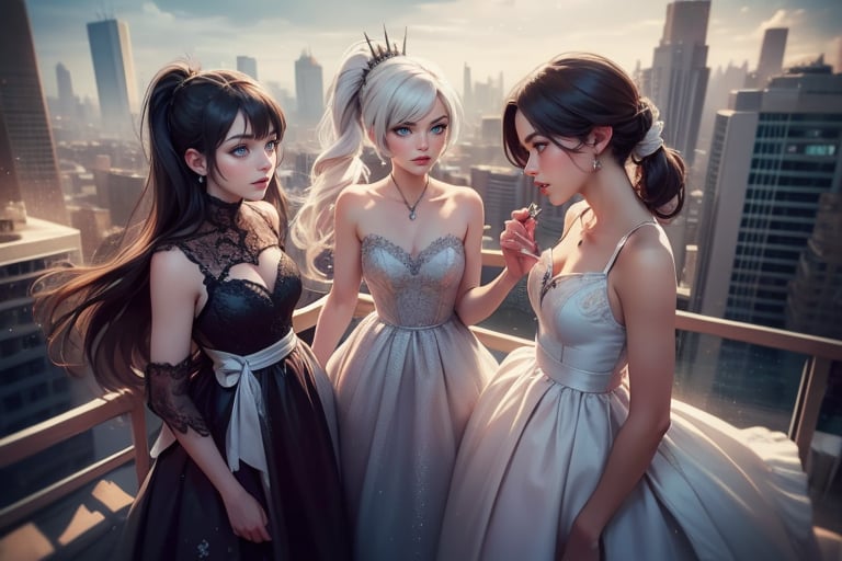 masterpiece,best quality, highly detailed, weiss schnee, scar across eye, long white hair, side ponytail, cowboy shot, (she is standing on penthouse roof (with 2 dark haired women)), wearing beautiful dresses, talking, (volumetric lighting), intricate details, tonemapping, sharp focus, hyper detailed poakl,