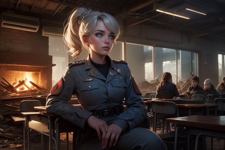 masterpiece,best quality, highly detailed, weiss schnee, scar across eye, long white hair, side ponytail, cowboy shot, ((she is wearing a military uniform, sitting next to female officer)), sitting on chairs in collapsed school building, classroom, desks, bonfire, rubble, other officers present, crowd, post-apocalypse, dystopian future, (volumetric lighting), intricate details, tonemapping, sharp focus, hyper detailed poakl,