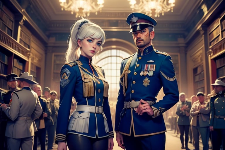 masterpiece,best quality, highly detailed, weiss schnee, scar across eye, long white hair, side ponytail, cowboy shot, looking at viewer, ((she is wearing a military uniform, standing next to fellow officer)), standing in ornate library, crowd, (volumetric lighting), intricate details, tonemapping, sharp focus, hyper detailed poakl,