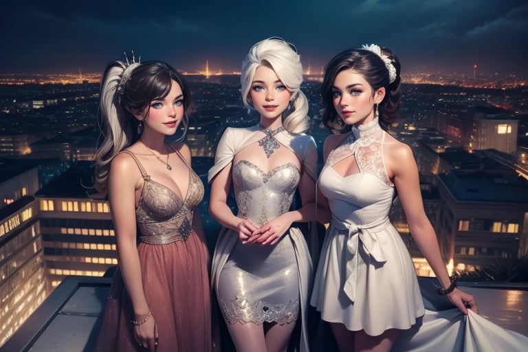 masterpiece,best quality, highly detailed, weiss schnee, scar across eye, long white hair, side ponytail, cowboy shot, (she is standing on penthouse roof (with 2 dark haired women)), wearing beautiful dresses, smile, (volumetric lighting), intricate details, tonemapping, sharp focus, hyper detailed poakl,