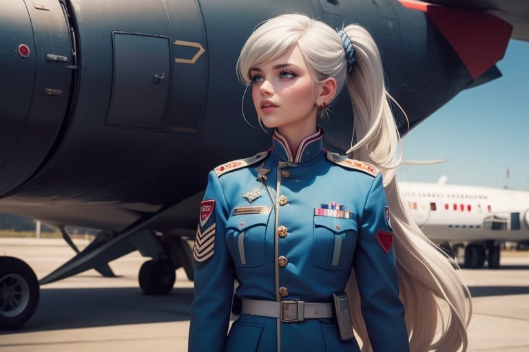 masterpiece,best quality, highly detailed, weiss schnee, scar across eye, long white hair, side ponytail, cowboy shot, she is wearing a military uniform, standing with female military officer in front of private jet,  other military officers are present (volumetric lighting), intricate details, tonemapping, sharp focus, hyper detailed poakl,